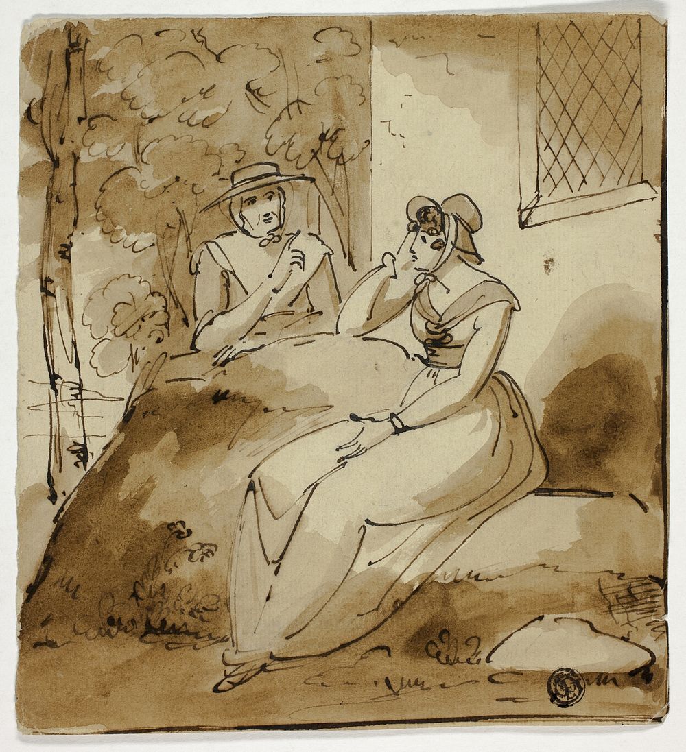 Two Women Conversing Near House by Richard Westall