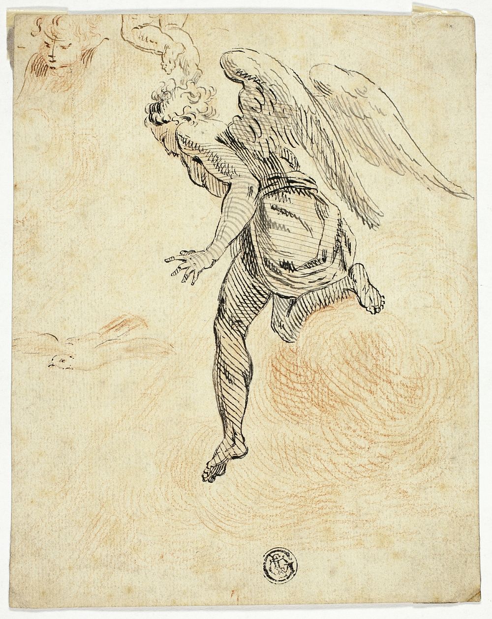 Flying Angel with Sketches of Dove and Putto's Head by Follower of Donato Creti