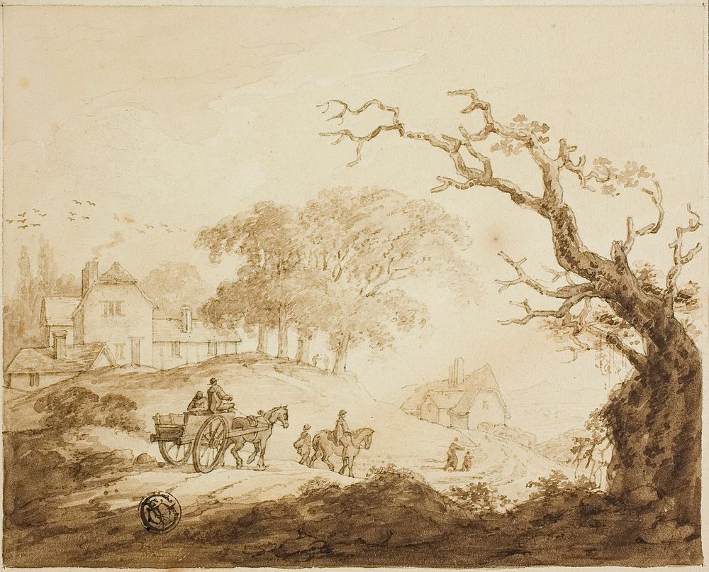 Travelers with Horses and Cart on a Road Past Houses by Unknown artist