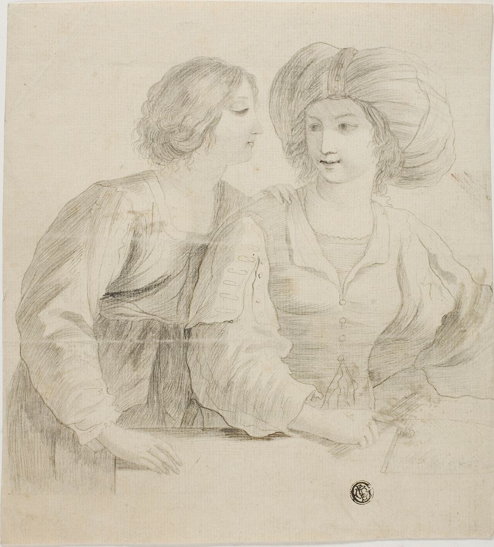Two Young Women, One Wearing Turban, in Conversation by Guercino