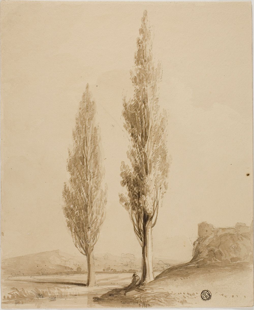 Two Poplars and Seated Figure Beside Stream by Style of William Alfred Delamotte