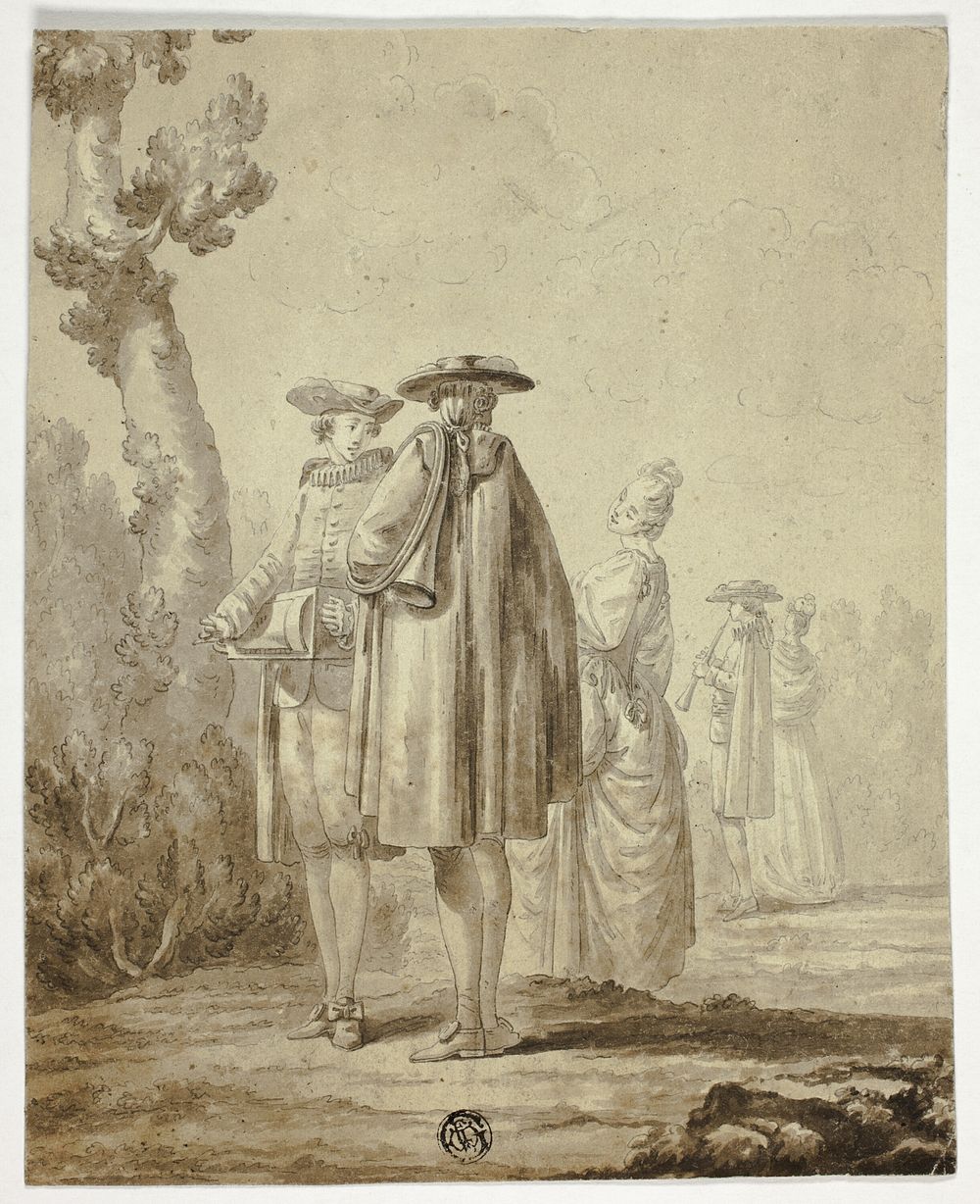 Three Musicians and Two Ladies in Outdoor Setting by Unknown