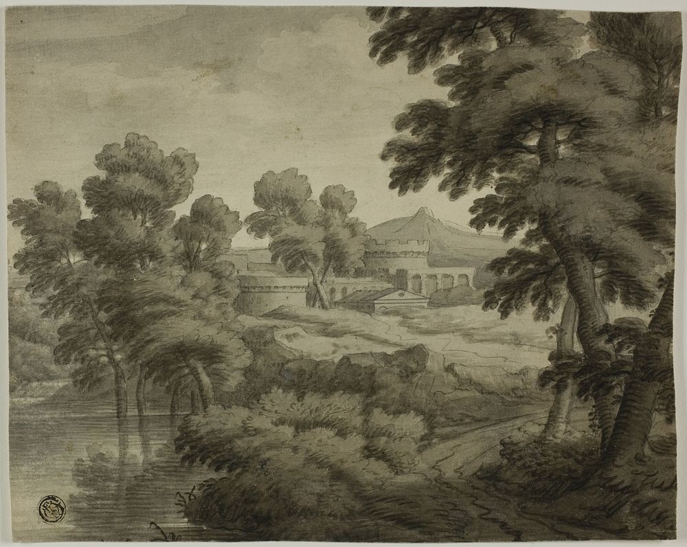 Italianate Landscape with Castle, Trees and Water in Foreground by School of Nicolas Poussin
