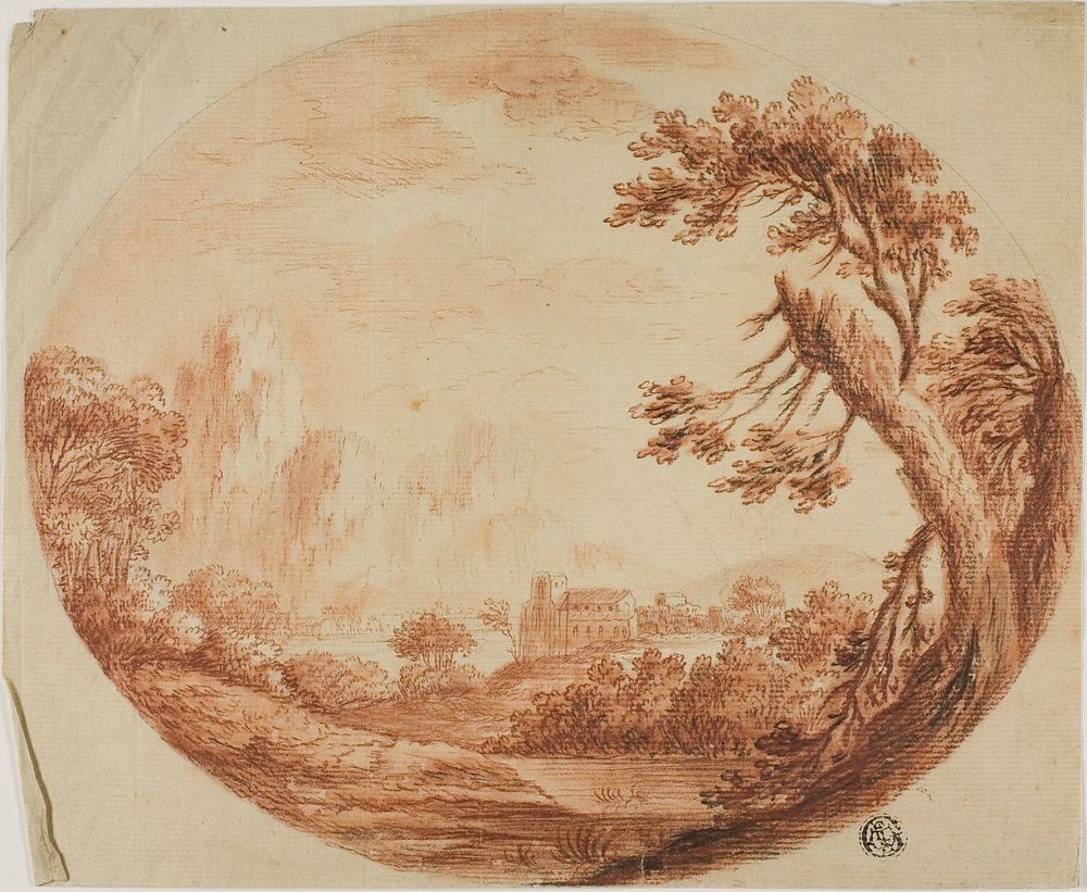 River Landscape with Mountains in Distance, Large Tree in Foreground by Style of Israel Silvestre, the younger