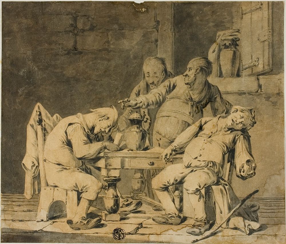 Four Drunken Peasants at Table by Style of David Teniers, the younger
