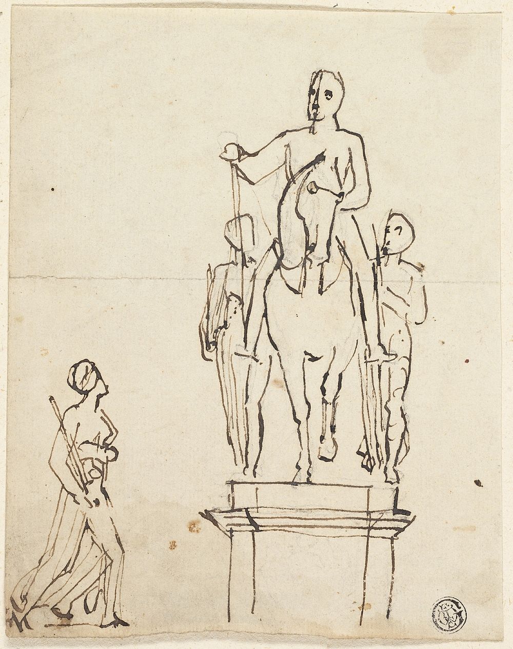 Sculpture of Horseman Accompanied by Two Standing Figures, with Sketch of One of Latter by Thomas Stothard