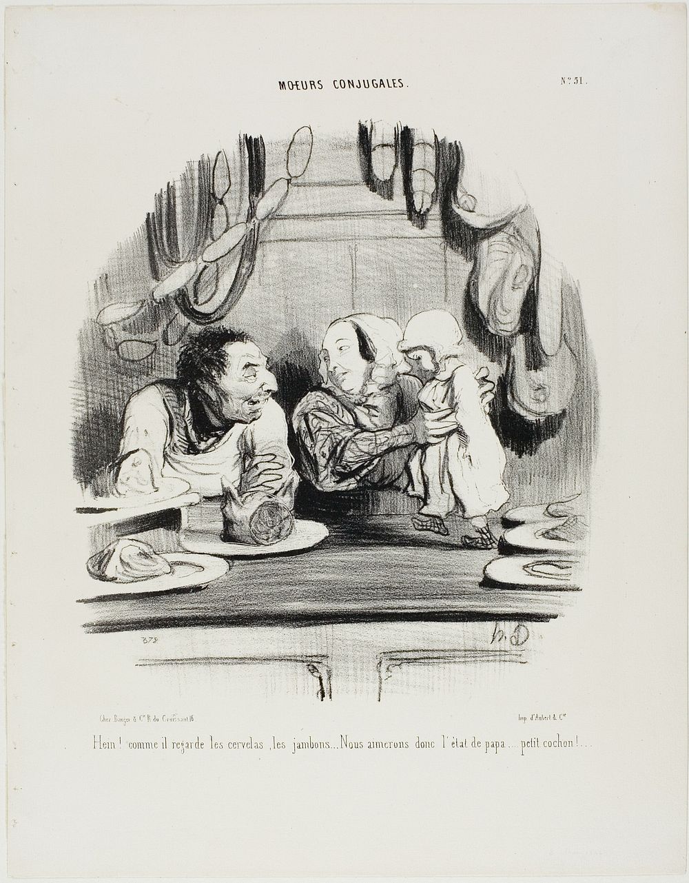 “Look! See how his eyes are on the saveloys and the ham.... it seems we like Papa's job?..... my little piglet!,” plate 51…
