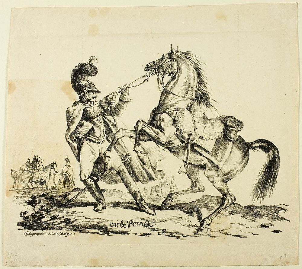 Cuirassier on Foot Restraining His Rearing Horse by Carle Vernet