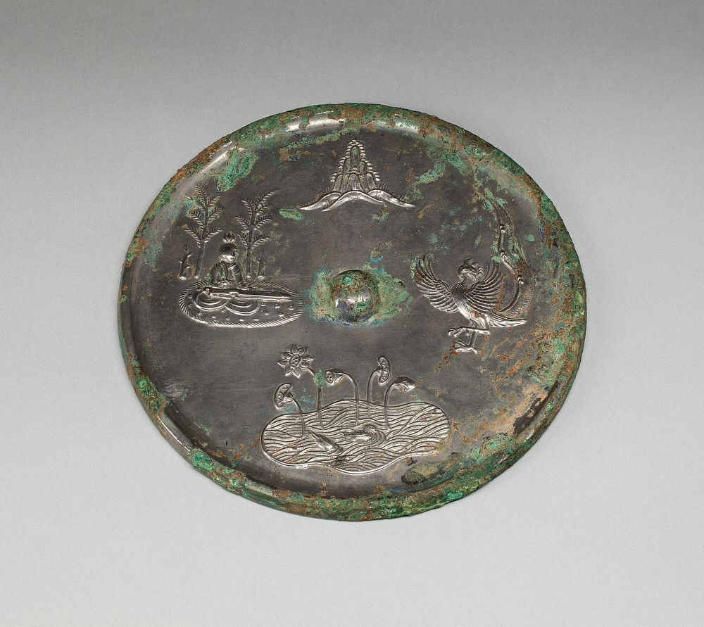 Mirror with Images of Purity and Immortality: Mount Penglai, Boya Playing the Qin (Zither), Lotus Pond, and Dancing Phoenix