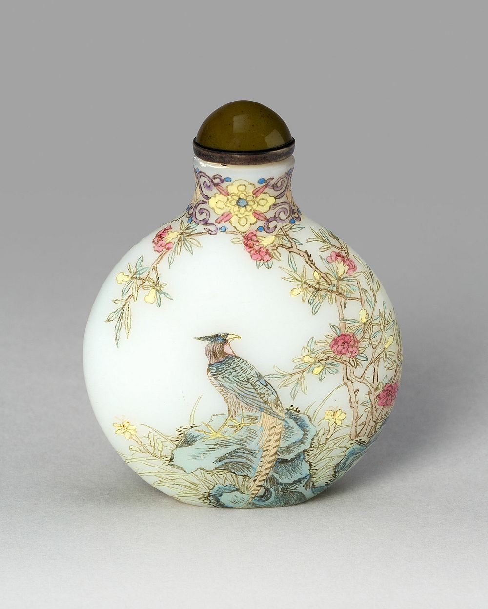 Snuff Bottle with Golden Pheasant, Swallows, Tree Peony, Apricot Blossoms, and Willow