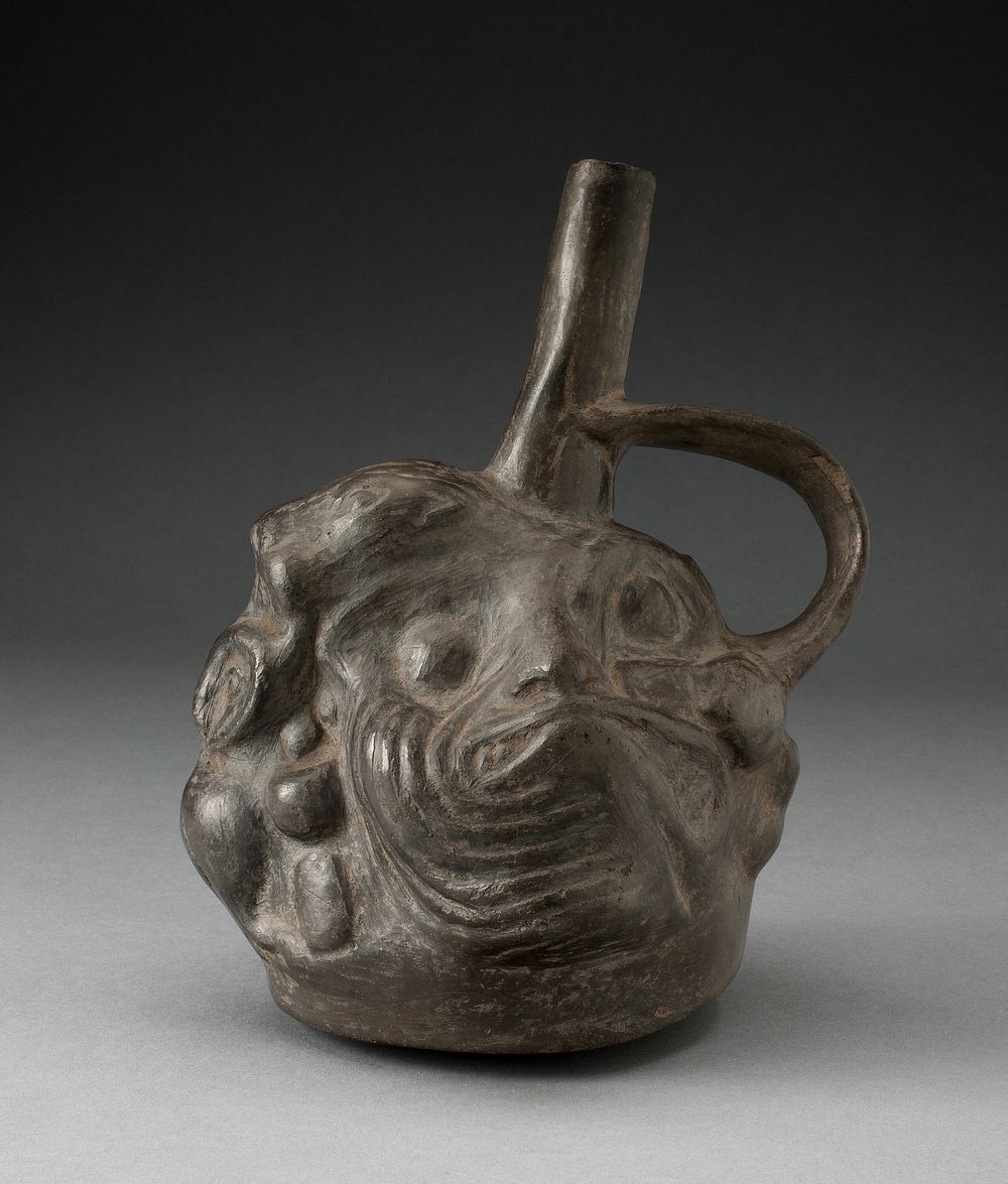 Blackware Spouted Vessel in the Form of a Composite Face, Animals, and Fish by Moche