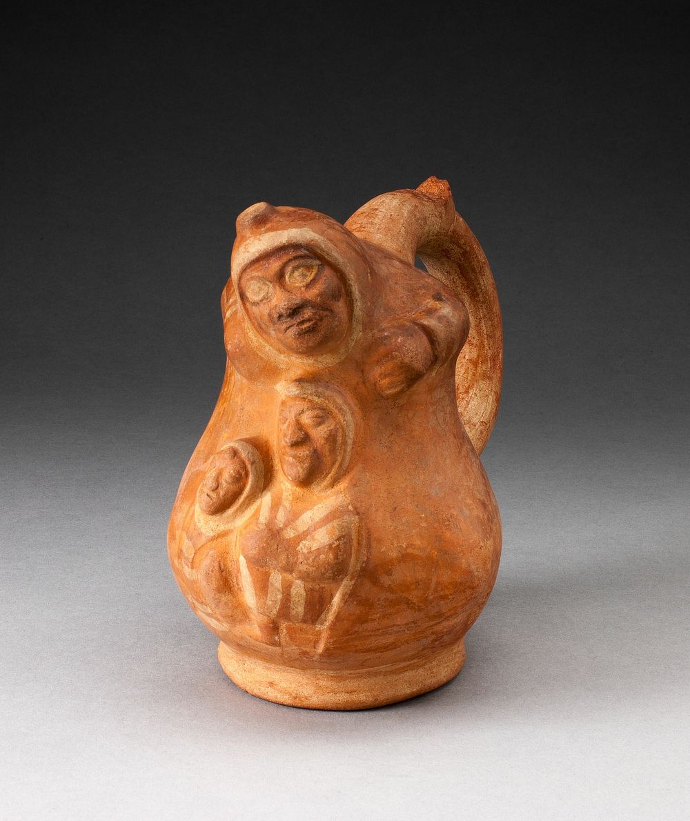 Handle Spout Vessel in the Form of a Composite Scene Depicting Three Figures by Moche