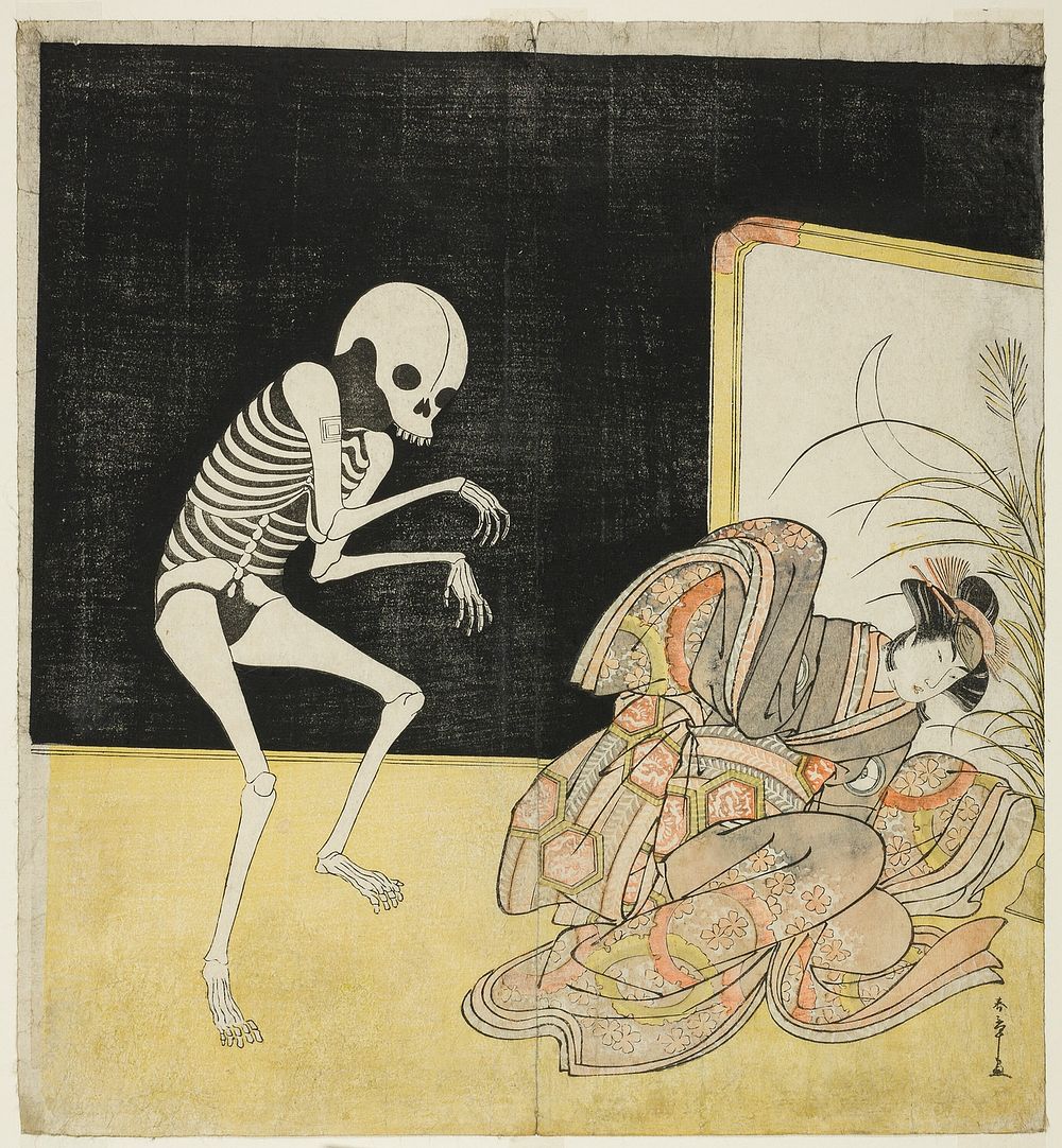 The actors Ichikawa Danjuro V as a skeleton, spirit of the renegade monk Seigen (left), and Iwai Hanshiro IV as Princess…