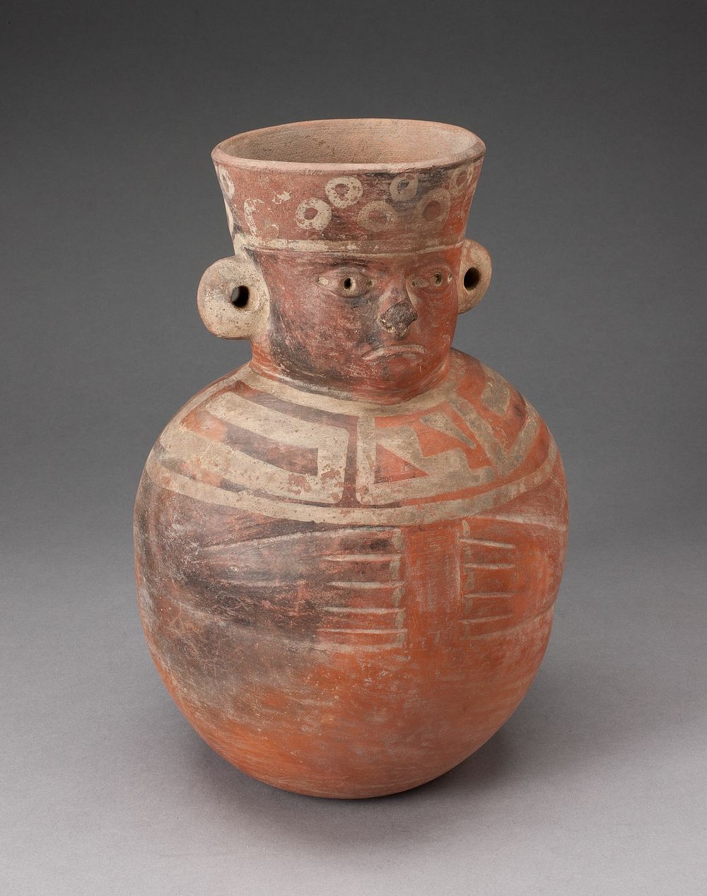 Jar in the Form of a Figure with Modeled Head, Wide Collar, and Incised Hands by Moche