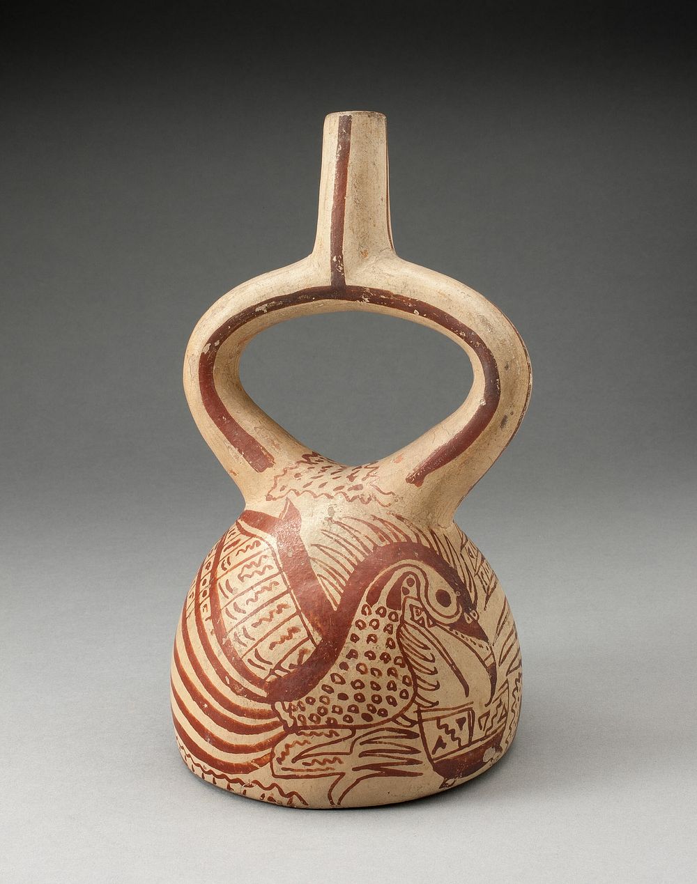 Stirrup Spout Vessel with Fineline Bird Motifs by Moche