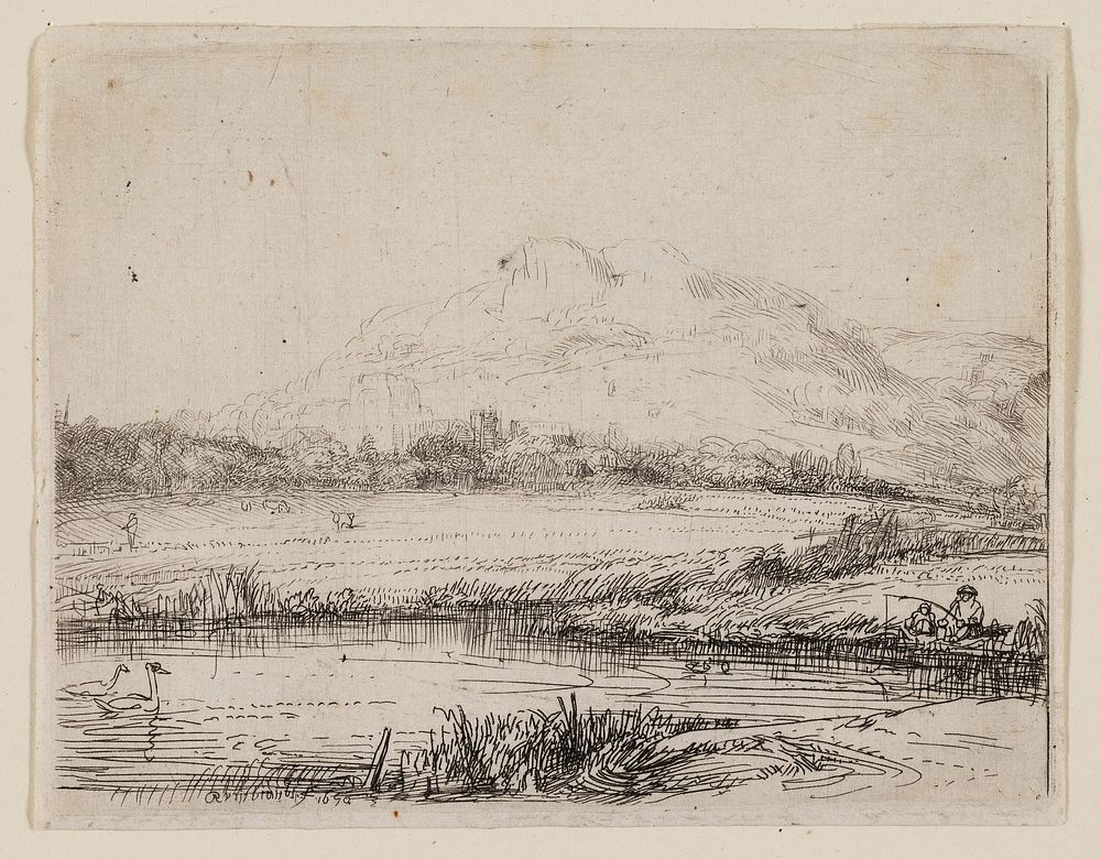 Canal with an Angler and Two Swans by Rembrandt van Rijn