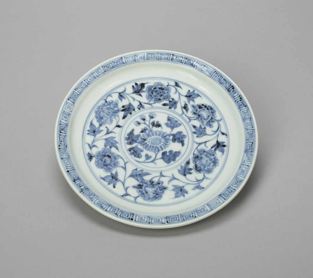 Dish with Peony Scrolls and Chrysanthemum Spray, and Lotus Panels on Reverse