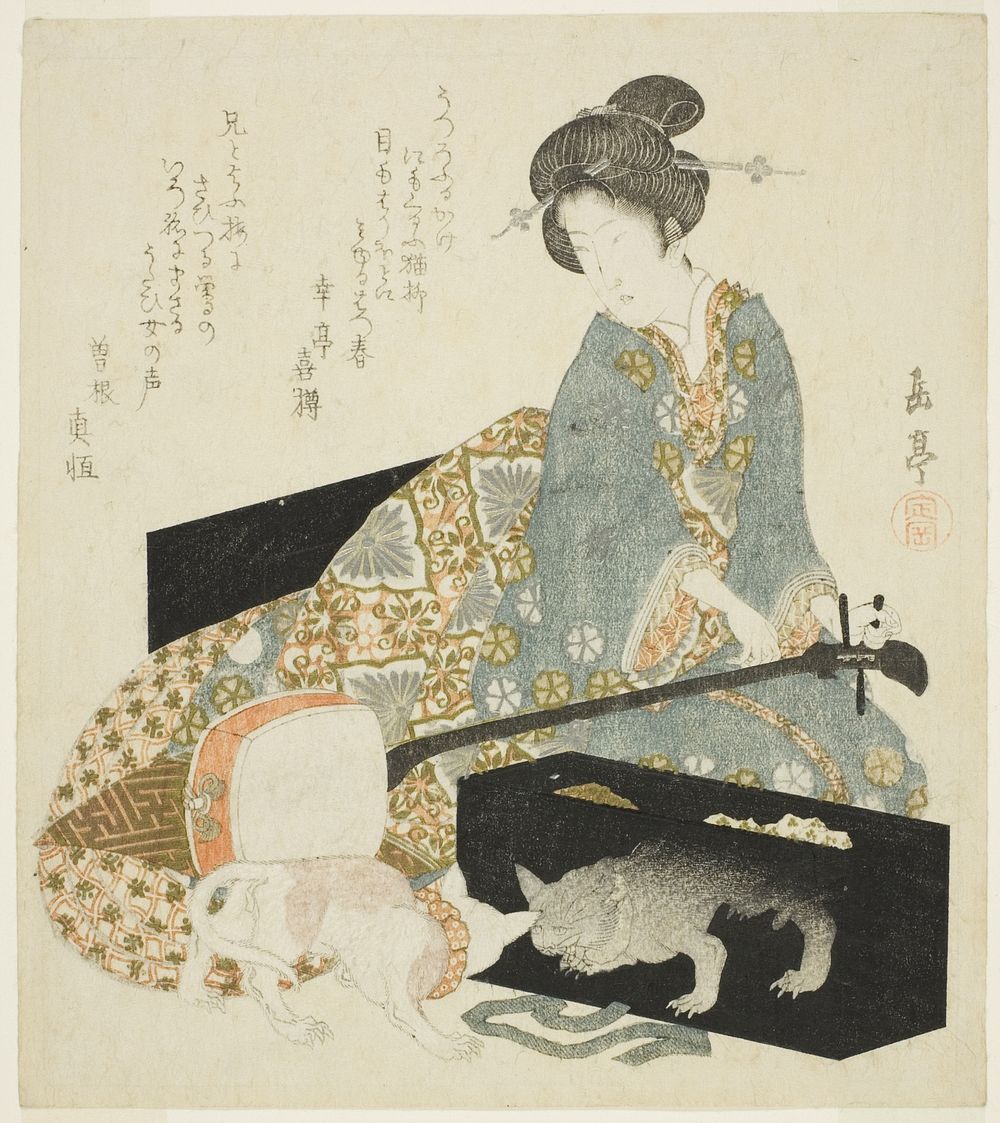Woman with Shamisen and Cat by Yashima Gakutei
