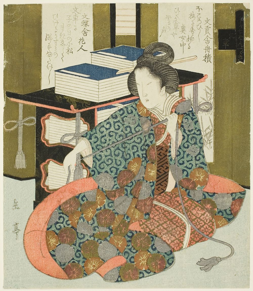 A Woman Pulling the Cord of a Wheeled Book Case, from the series "A Set of Seven for the Katsushika Club" by Yashima Gakutei