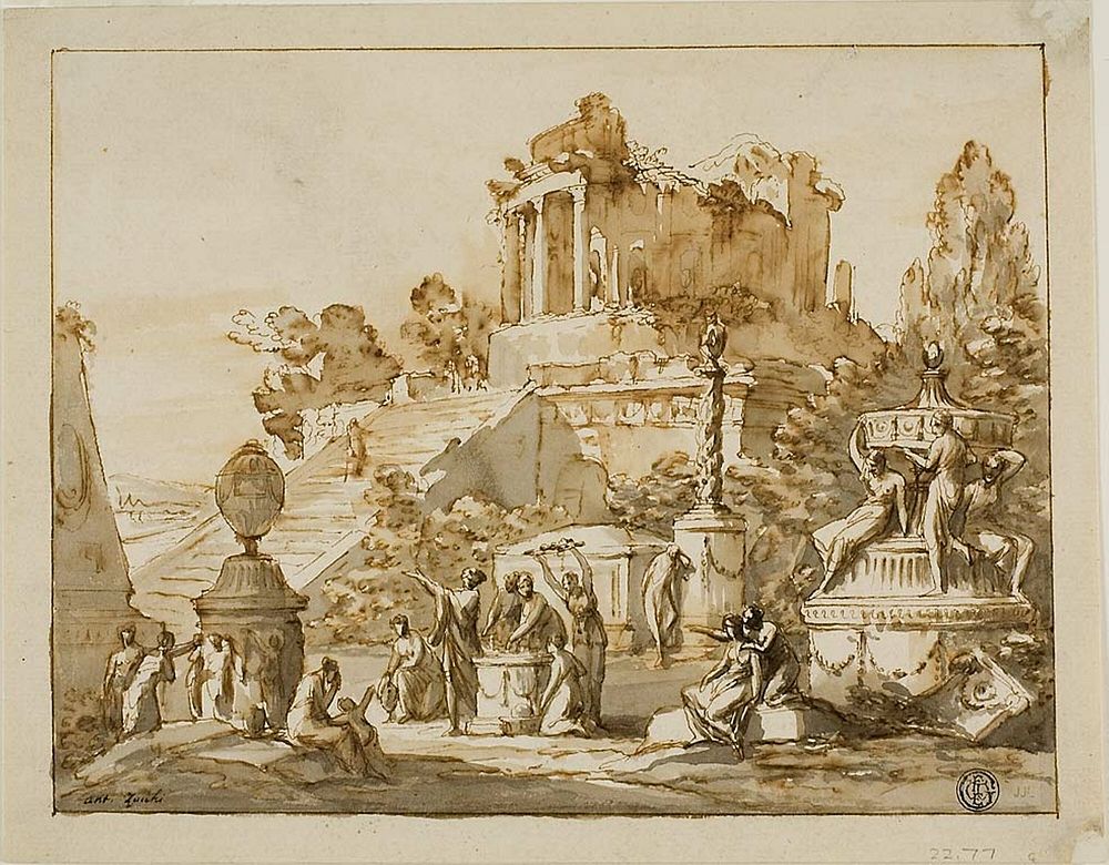 Classical Landscape with Ruined Temple on Hill, Female Figures Below by Antonio Zucchi