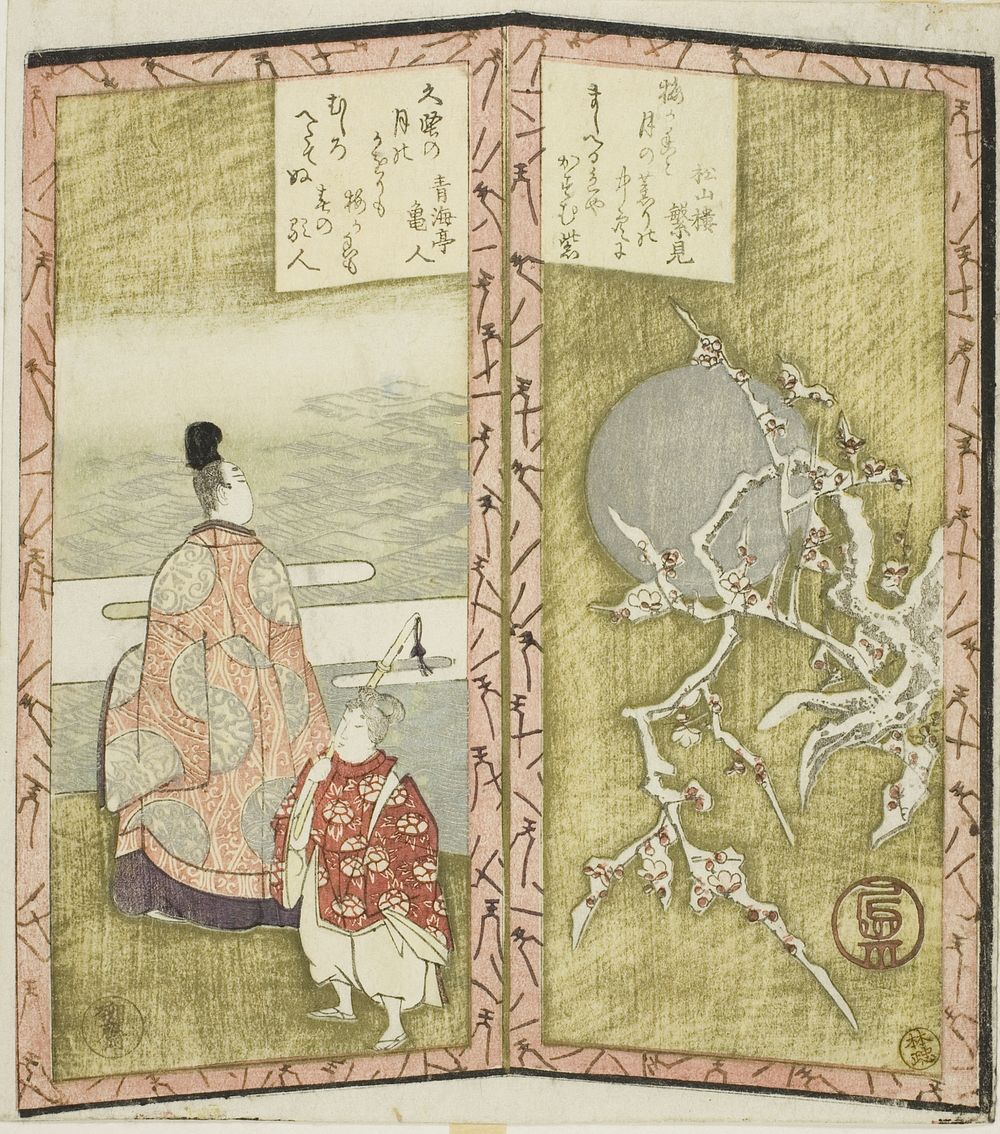 Plum blossoms and poet, from an untitled hexaptych depicting a pair of folding screens by Ryuryukyo Shinsai