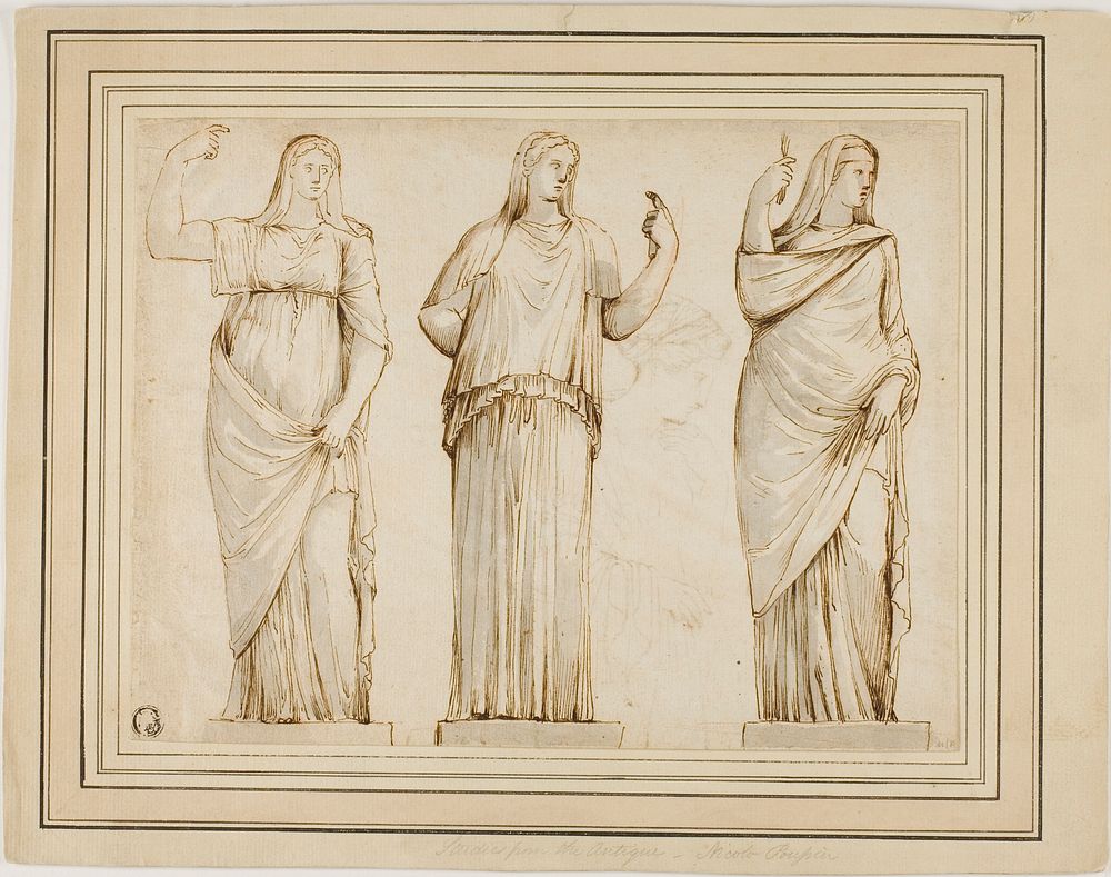 Three Roman Statues of Draped Female Figures and Sketch of Another Statue in Profile to Right by Unknown