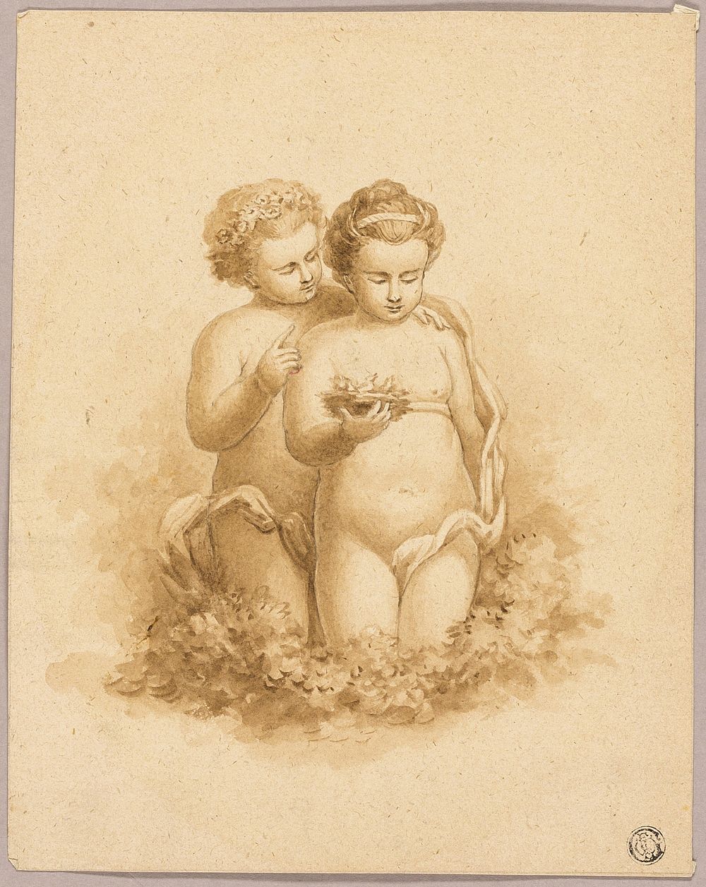 Two Children, One Holding Nest with Birds by Unknown