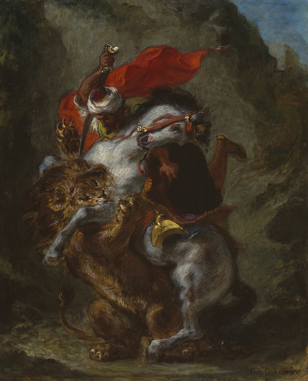 Arab Horseman Attacked by a Lion by Eugène Delacroix