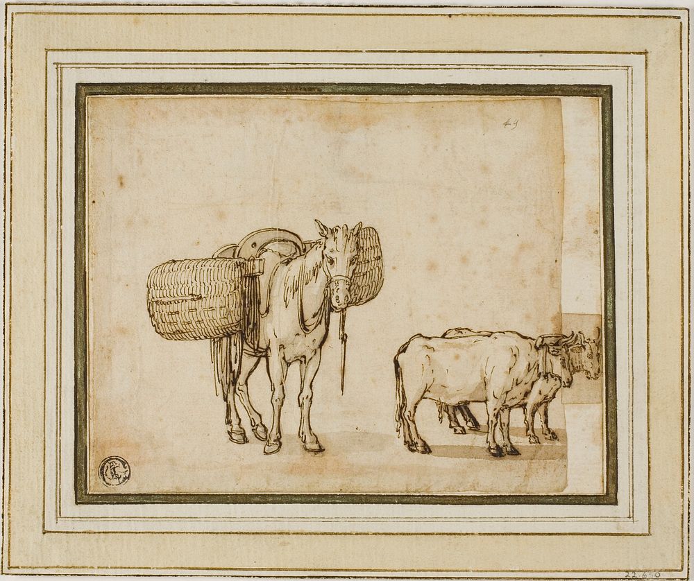Two Sketches: Mule Carrying Baskets, Pair of Yoked Oxen by Cornelis de Wael