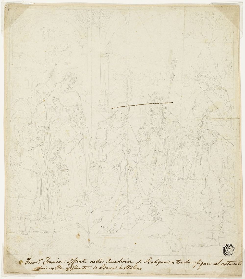 Adoration of the Christ Child, with Saints Joseph, Francis of Assisi, and Augustine, attended by Anton Galeazzo Bentivoglio…