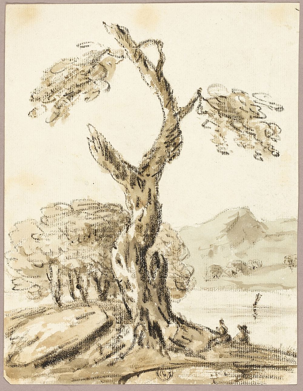 Large Tree with Lake and Mountains in Background by Thomas Barker