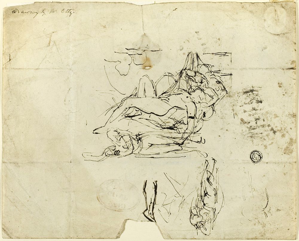 Sketches of Reclining Female Nude and Amorous Couple by William Etty