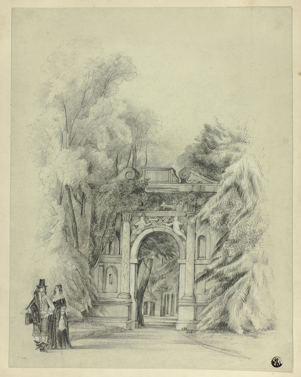 Couple in 17th Century Dress Standing Before Entrance to Park by Charles de Anson