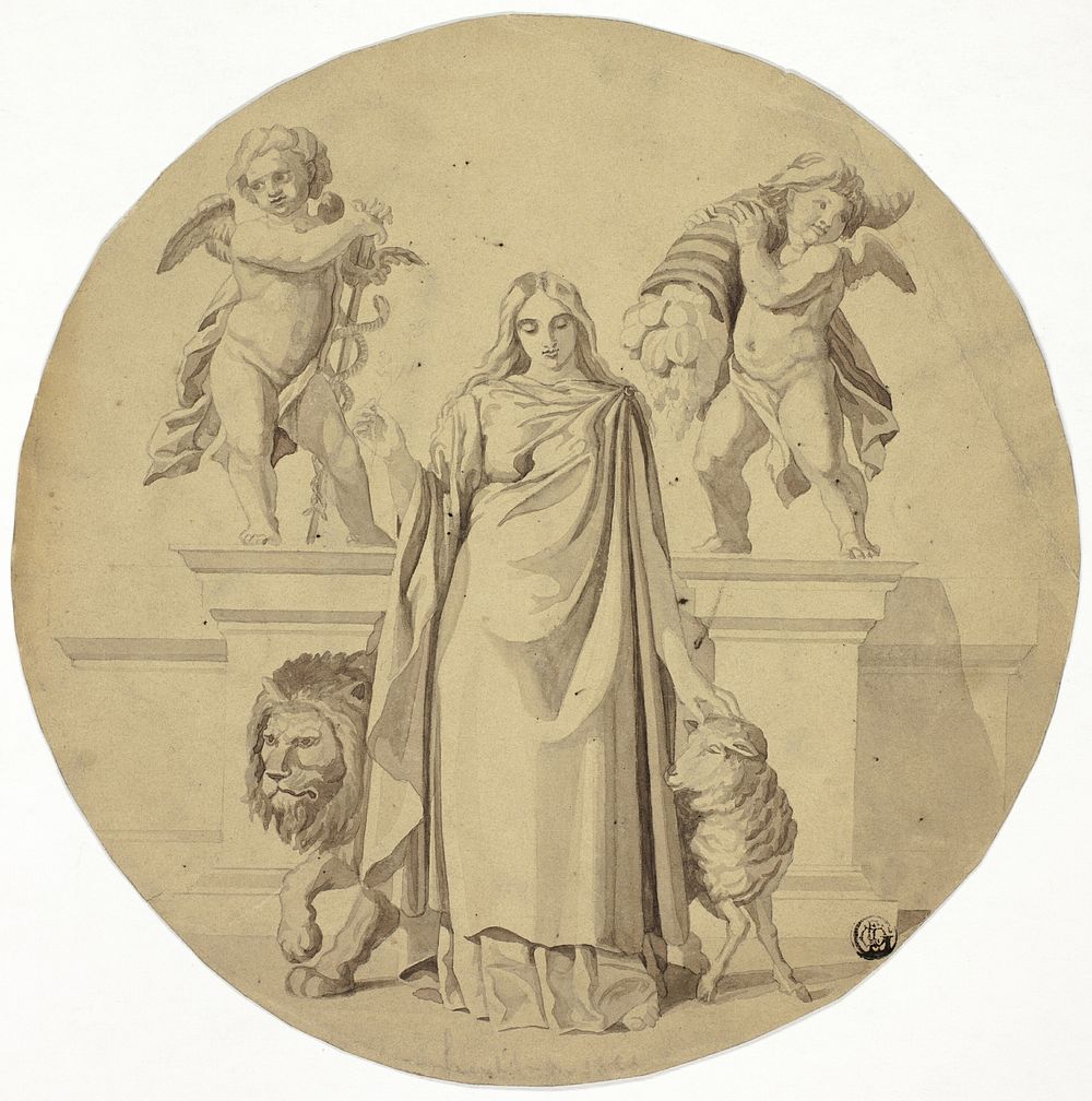 Allegorical Female Figure with Lion, Lamb, Two Putti by Frederic Leighton, 1st Baron Leighton of Stretton