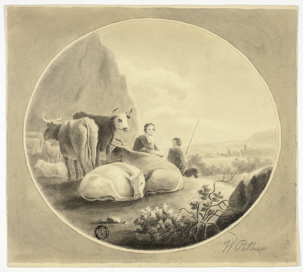 Herdsmen, Cows and Sheep in Landscape by William Pether