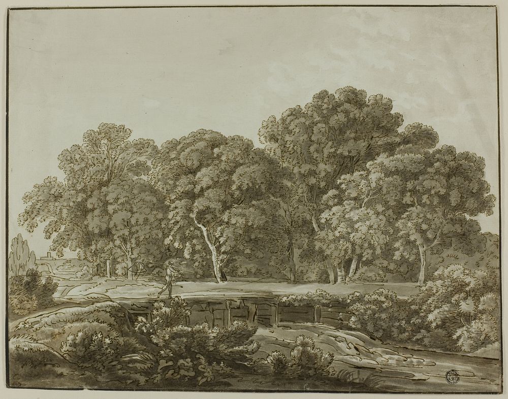Landscape with Figure Crossing Bridge over Stream by Thomas Sandby