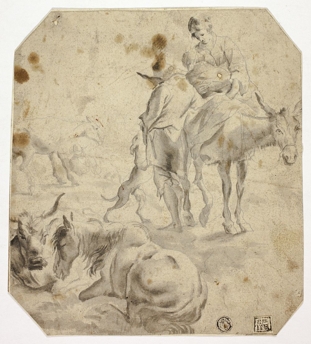 Woman and Child on Donkey, Man, Dogs, Horses by Nicolaes Berchem