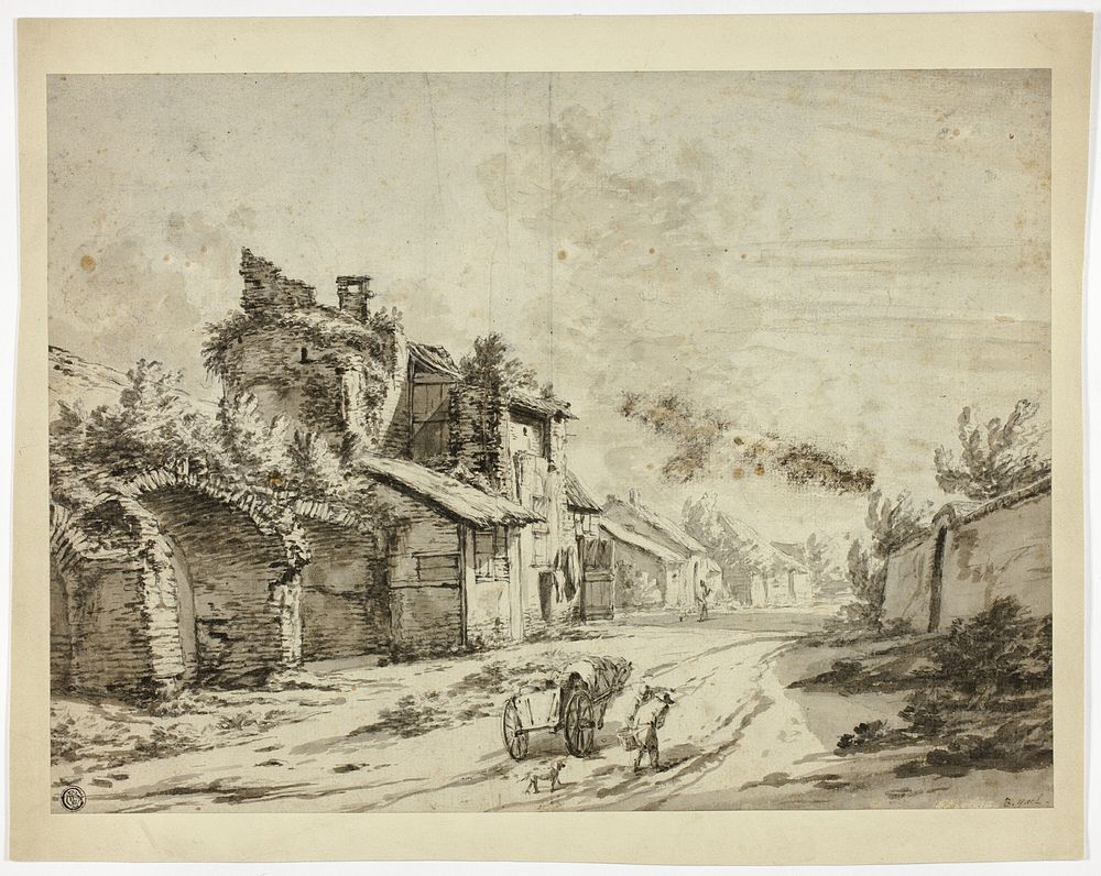 Horse, Cart and Peasants on Road by Old Houses by Pieter Mulier, (il Cavaliere Tempesta)