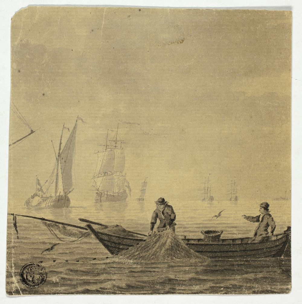 Fishermen Pulling in Net on a Boat by Cornelis Ouboter van der Grient