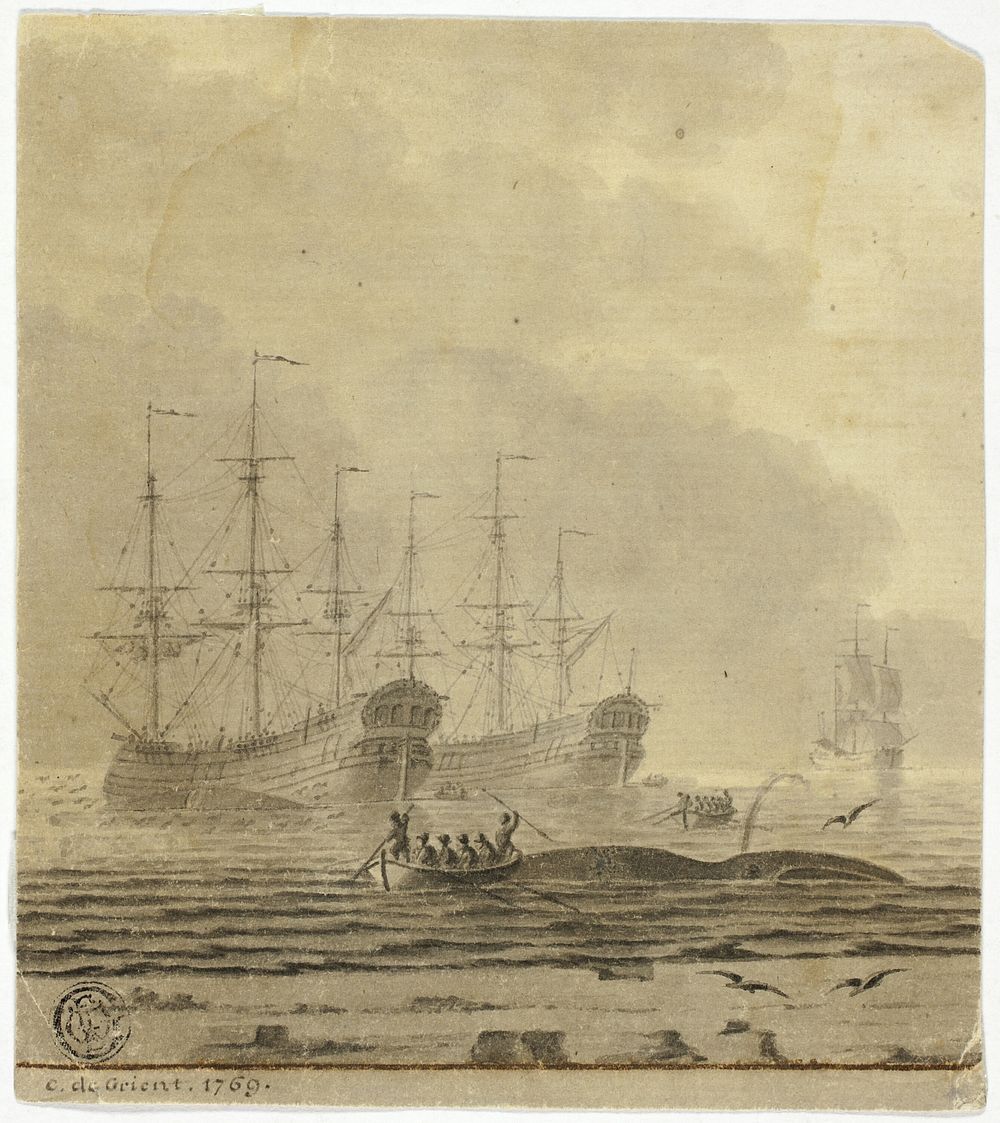 Whaling Ships and Small Boats with Whale by Cornelis Ouboter van der Grient