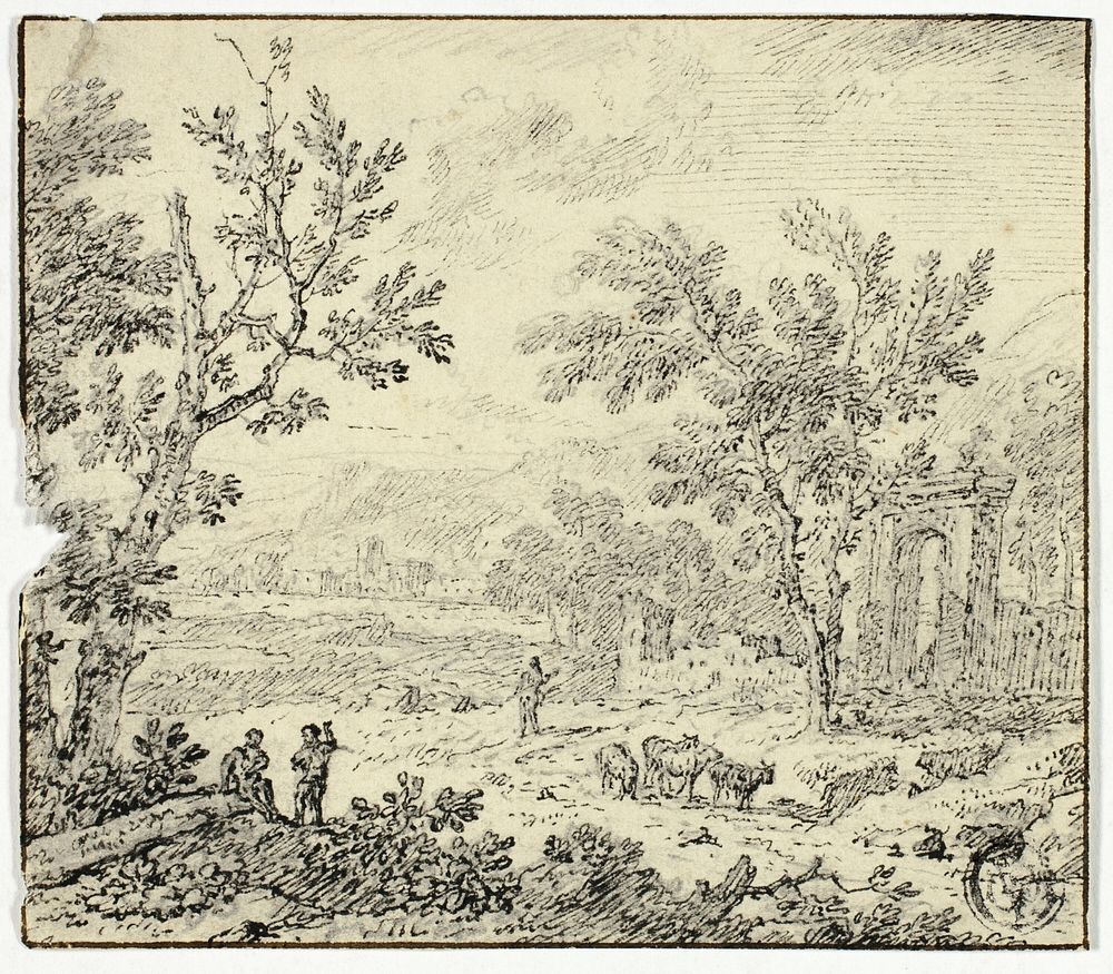 Landscape with Goats, Goatherd and Ruins by Jan van Huysum