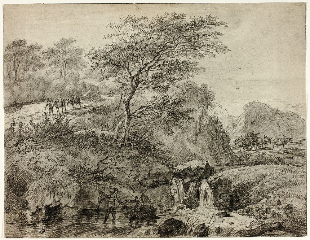 Hilly Landscape with Figures Beside Waterfall by Gerard van Nijmegan