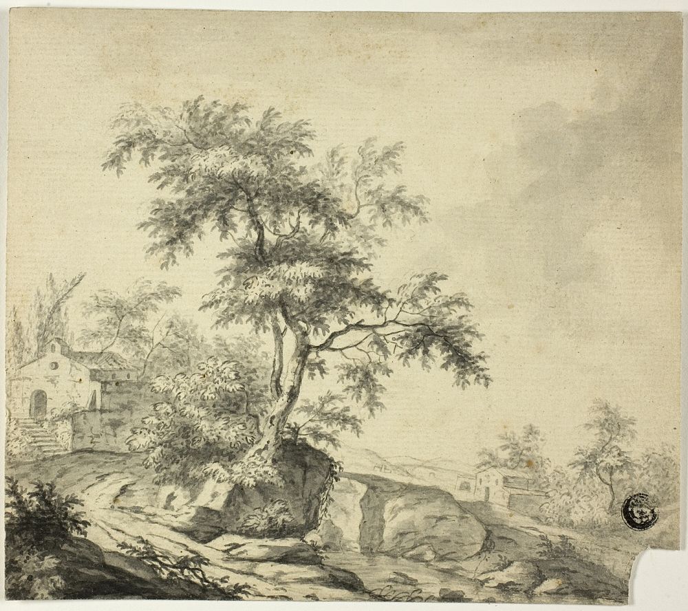 Landscape with Tree on Road to Buildings by Jacob van Ruisdael
