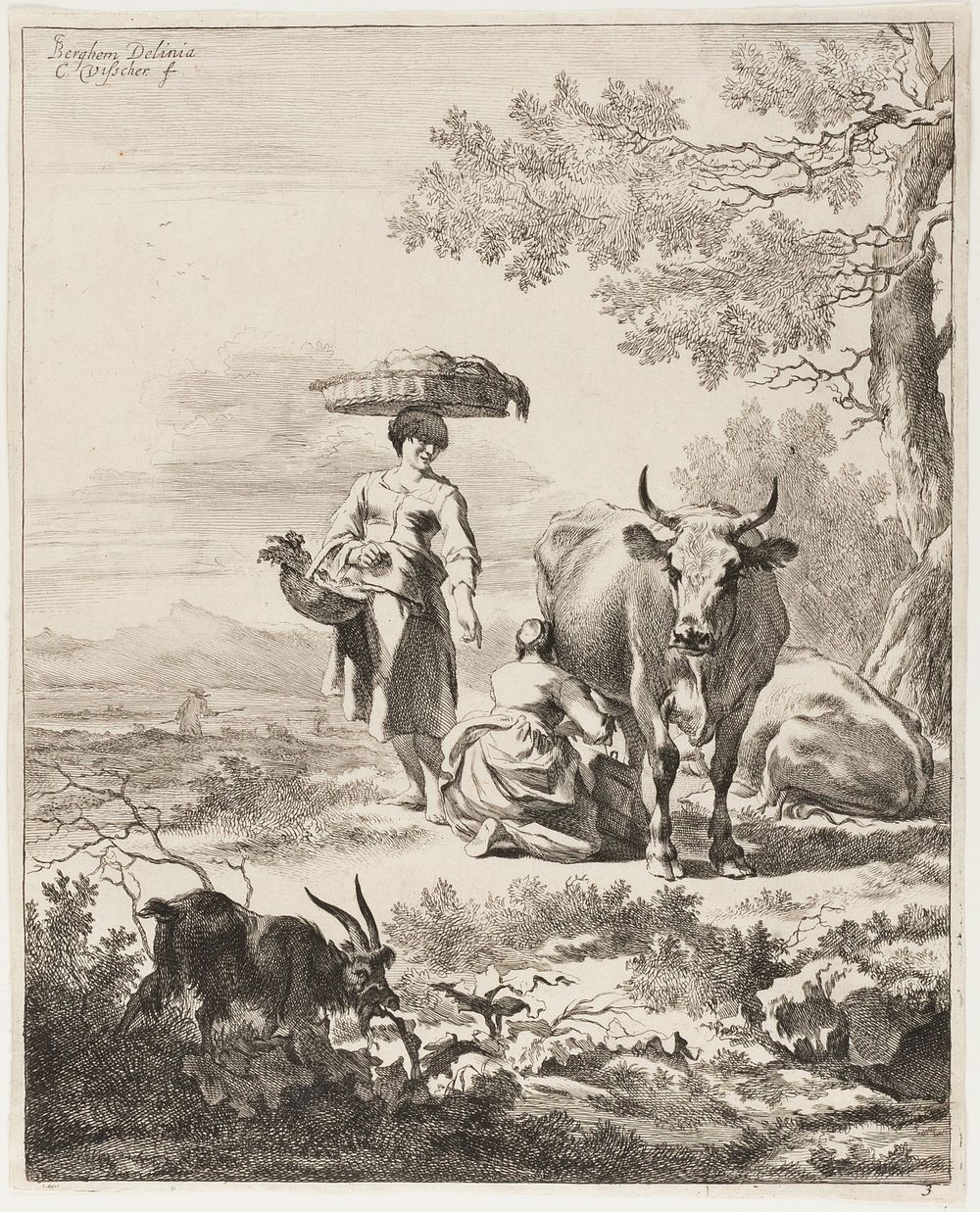 Woman Milking a Cow, plate 3 from Four Landscapes by Cornelis Visscher