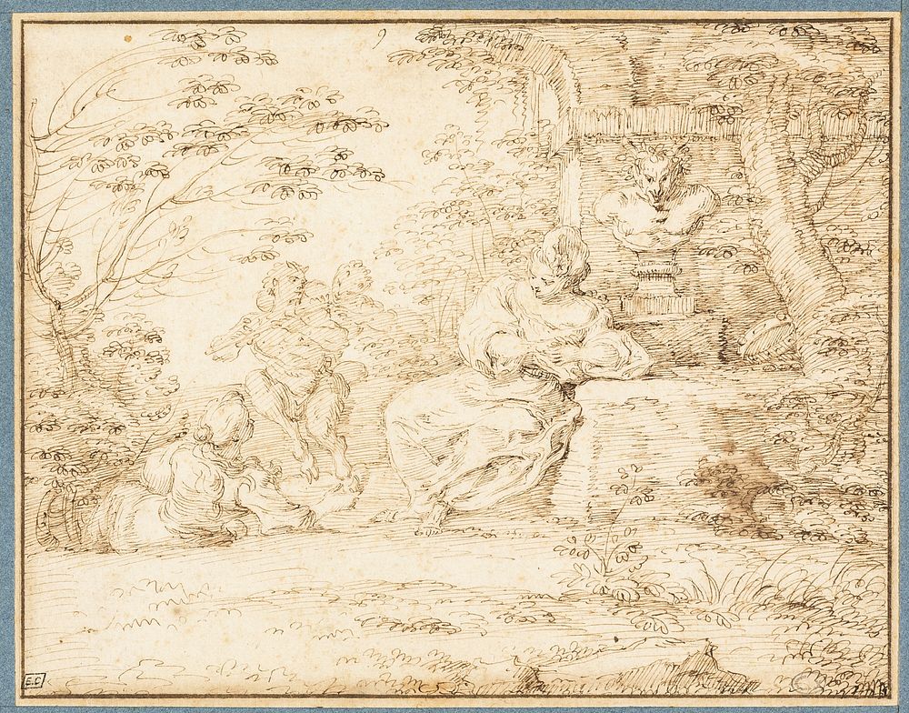 Two Women Resting and Two Satyrs Dancing by Claude Gillot