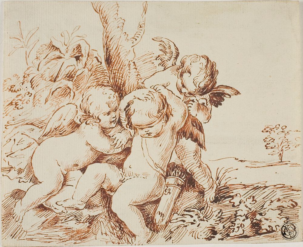 Two Putti Blindfolding a Third by Circle of Guido Reni