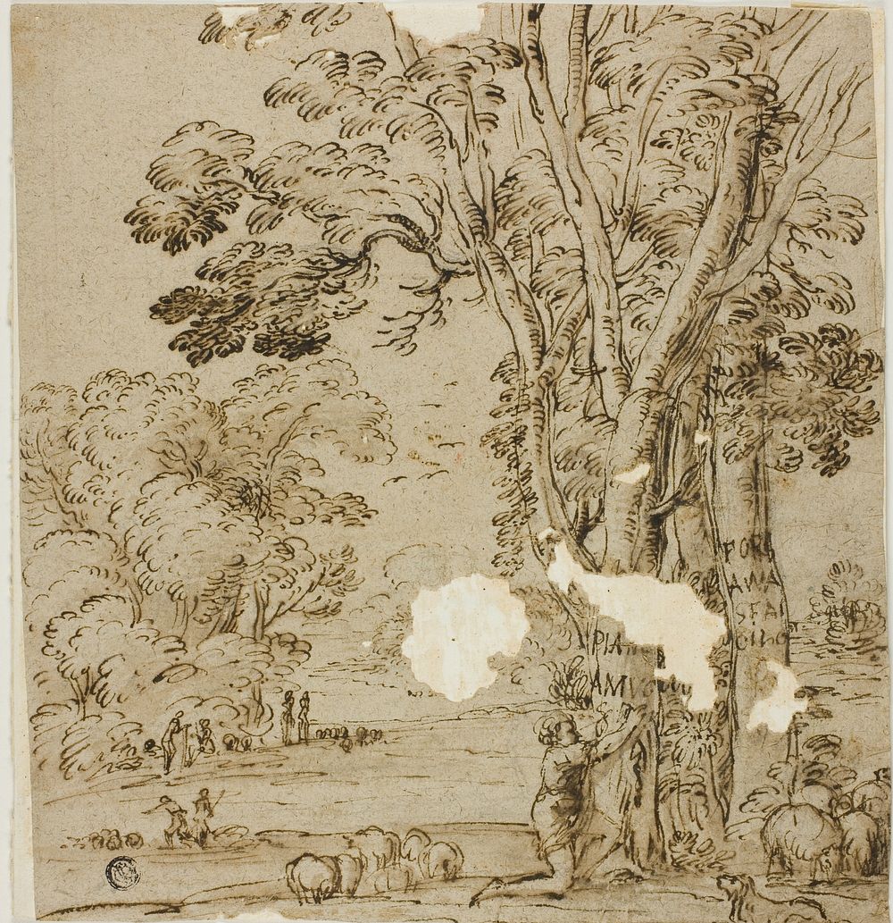 Shepherd Carving an Inscription on Tree Trunk with Figures and Sheep in Background by Agostino Tassi