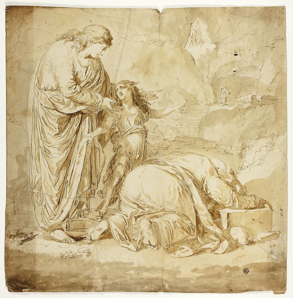 Biblical Scene with Two Women and Child in Foreground