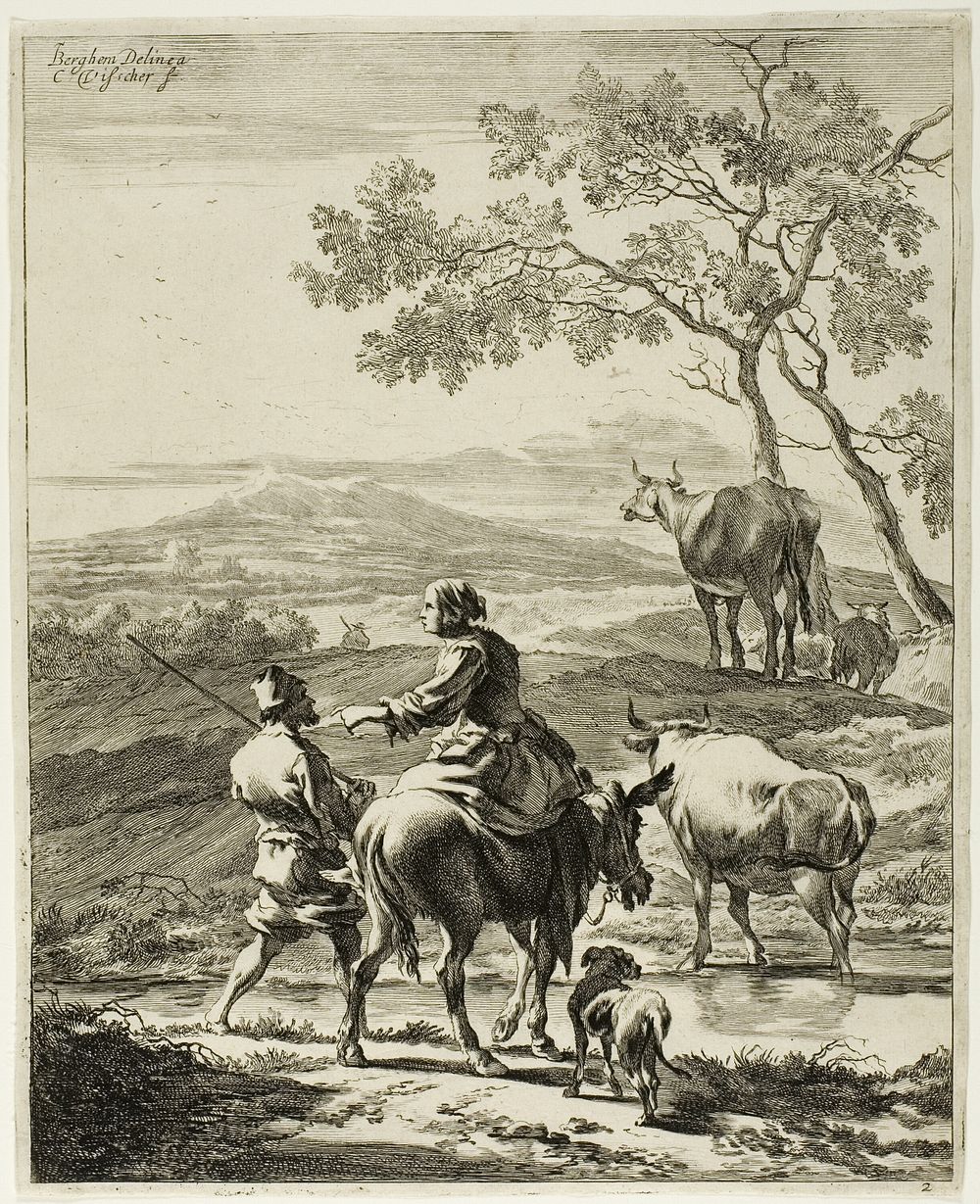 Shepherdess Riding on a Donkey, plate 2 from Four Landscapes by Cornelis Visscher