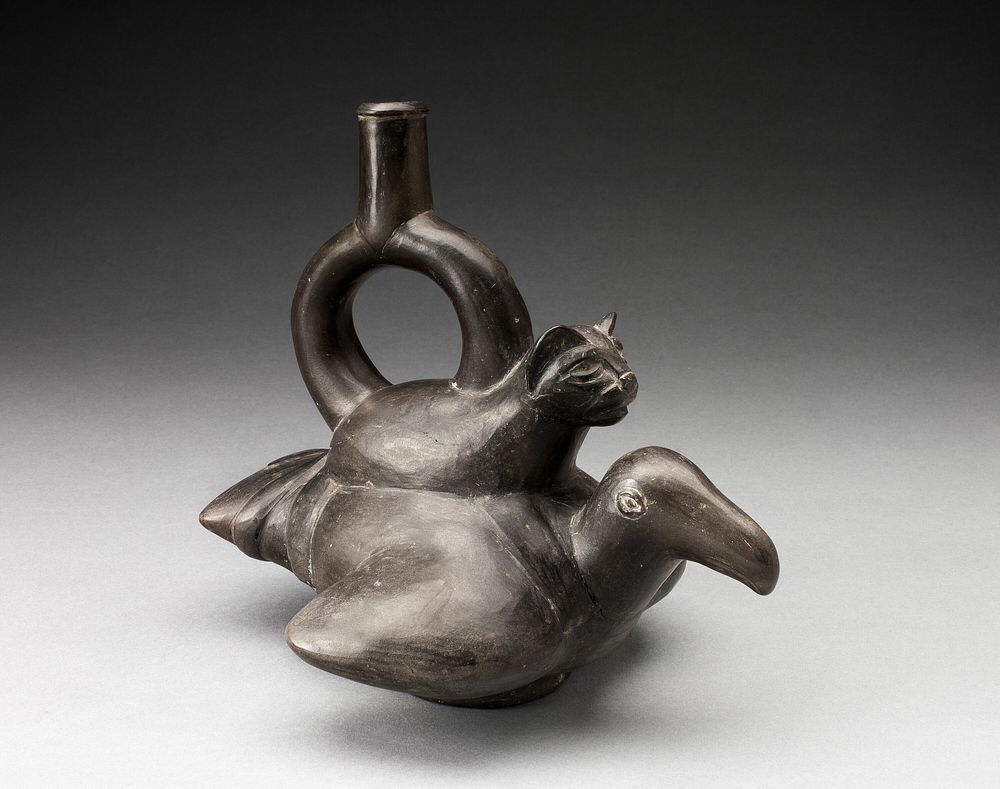 Blackware Vessel in the Form of a Feline Sitting on the Back of a Bird by Nazca